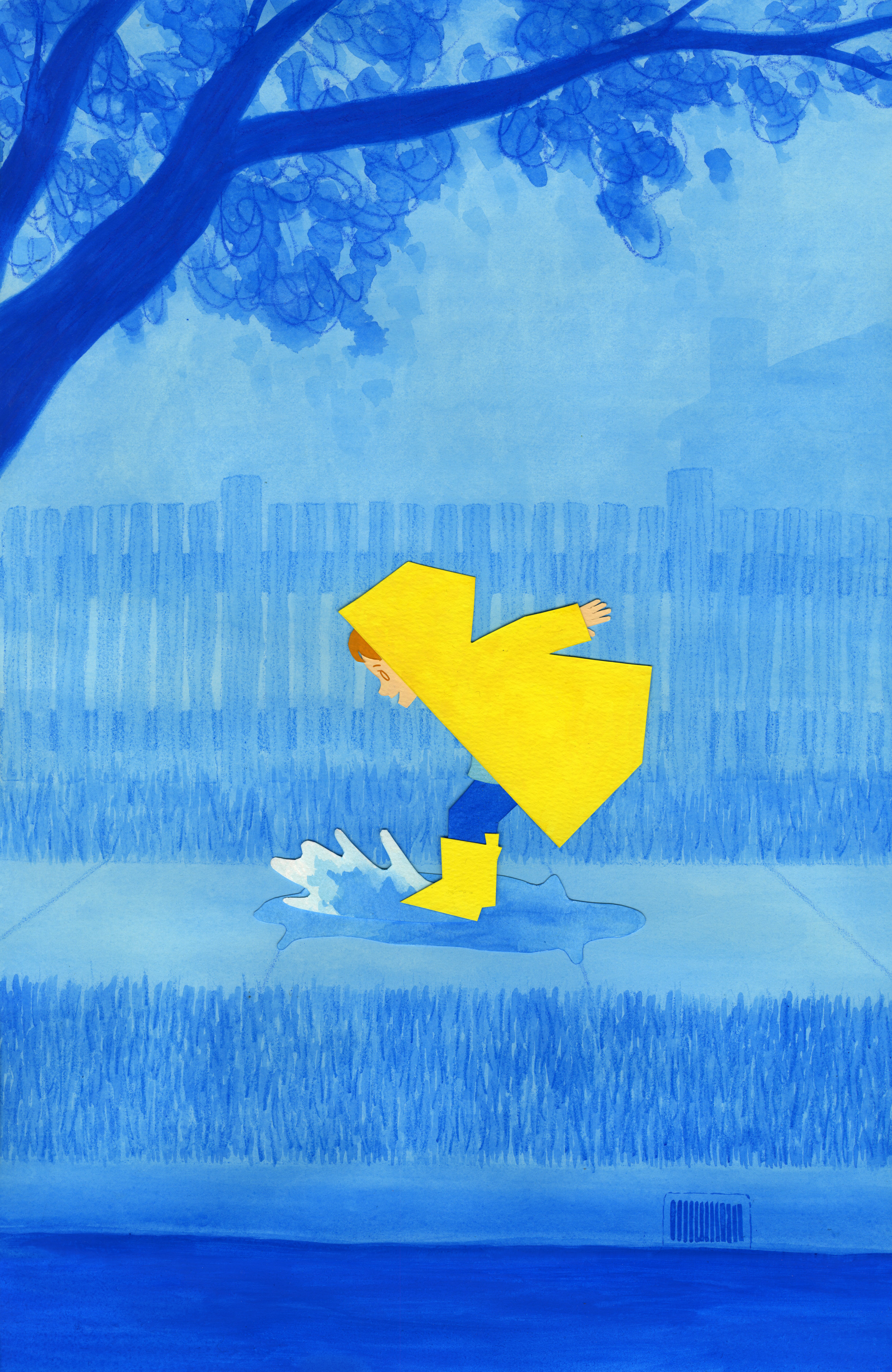 A little girl in a yellow coat jumps into a blue puddle in the rain.
