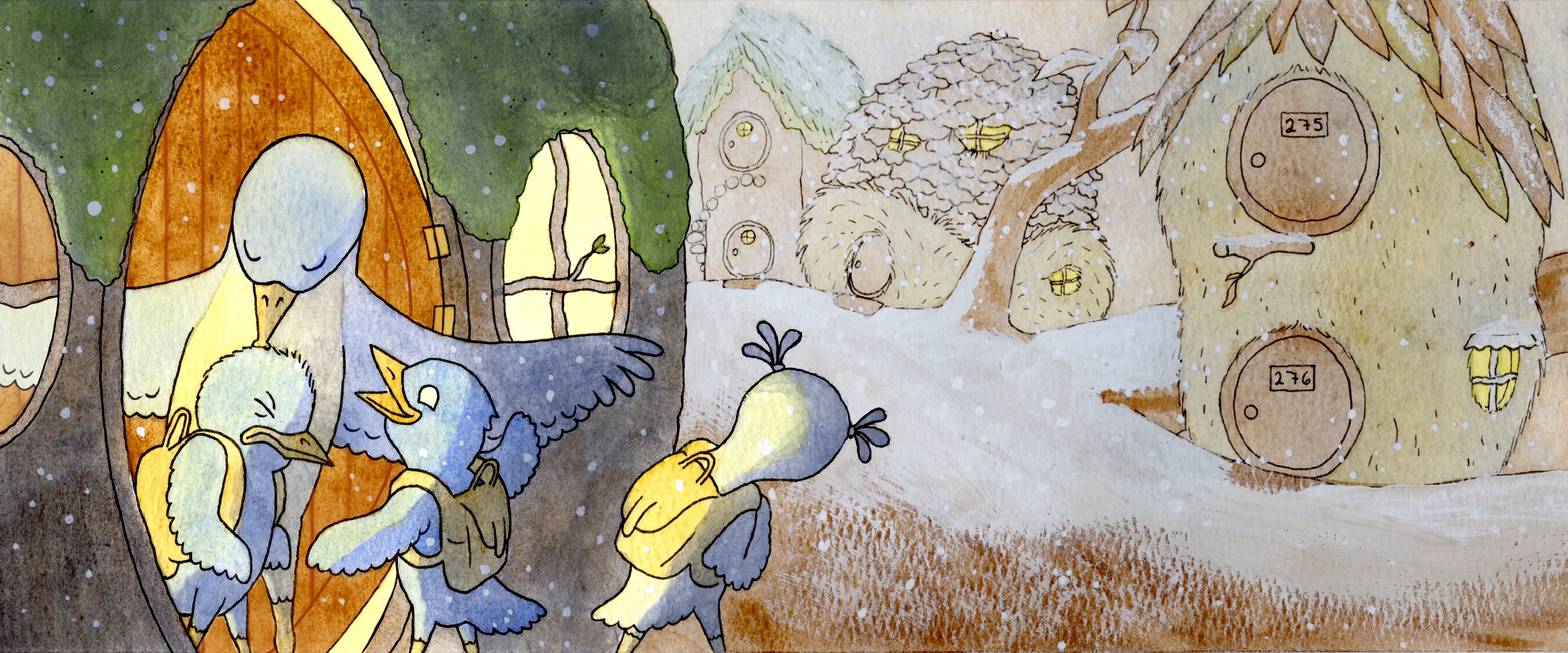 A mother bluebird sends her children off to school on a dark winter morning.